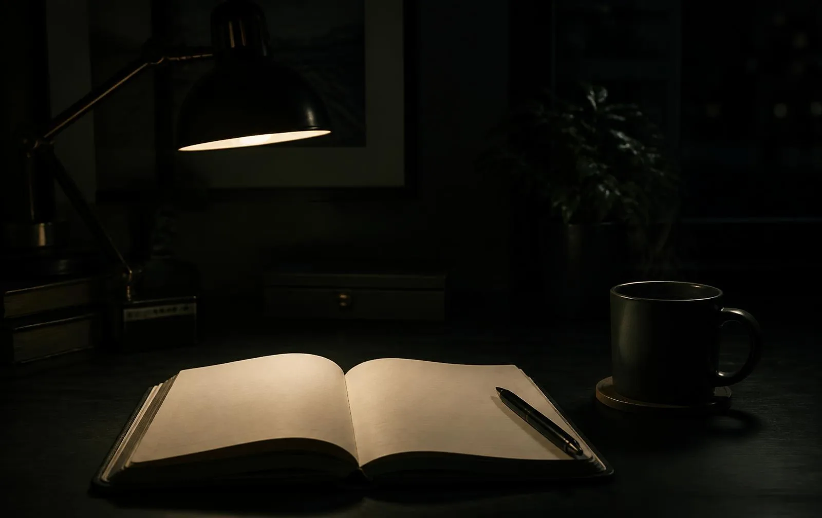 An open notebook and pen under a desk lamp at night