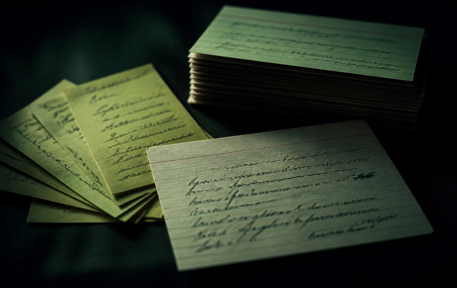Handwritten index cards fanned out on a dark table
