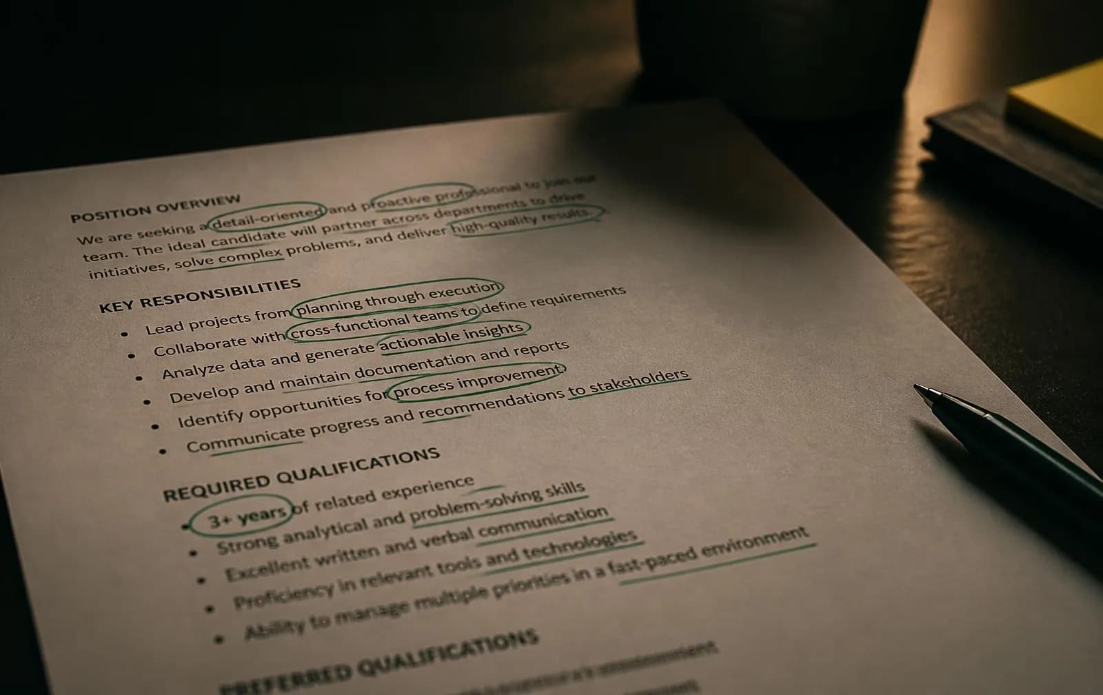 A printed job description with its scoring language circled in green ink